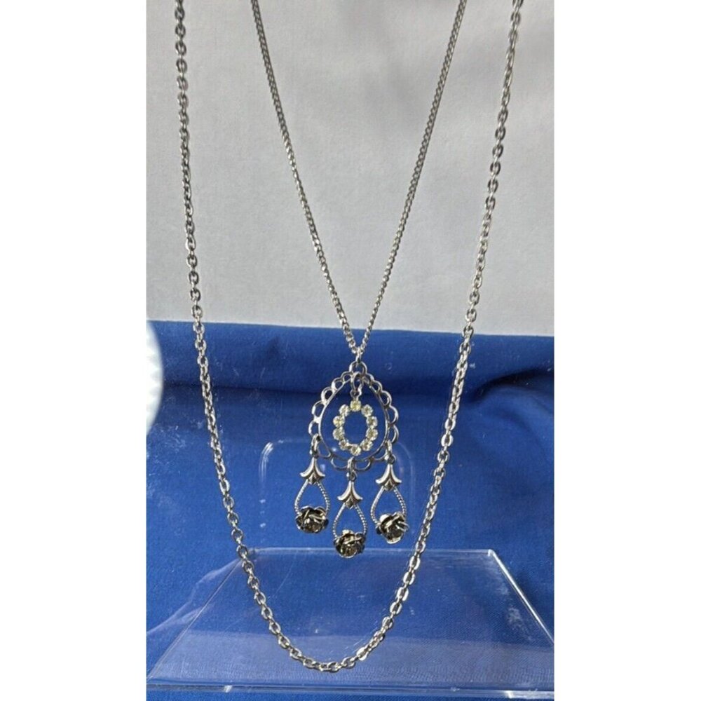 Silver Layered Double Chain Rhinestone Roses Victorian Romantic Necklace 17" - Picture 7 of 10